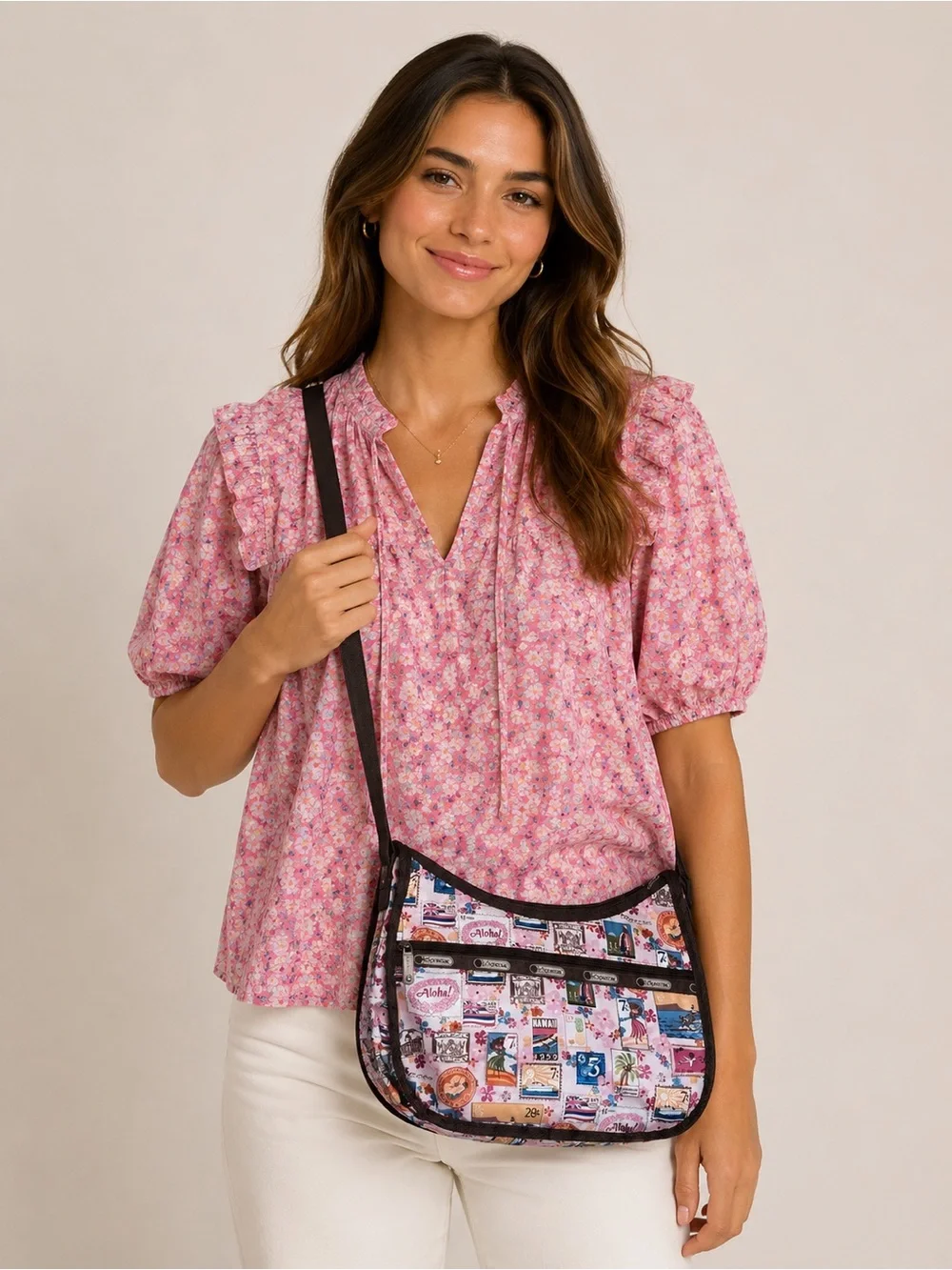 Lesportsac Lei Aloha Classic Hobo Purse Bag Rare Hawaii Postage Print Brown